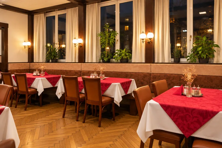 Tische und Sitzbank entlang der Fenster im Stüberl